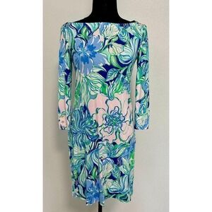 Lilly Pulitzer Boat Neck Long Sleeve Shift Dress Blue Pink Floral XS